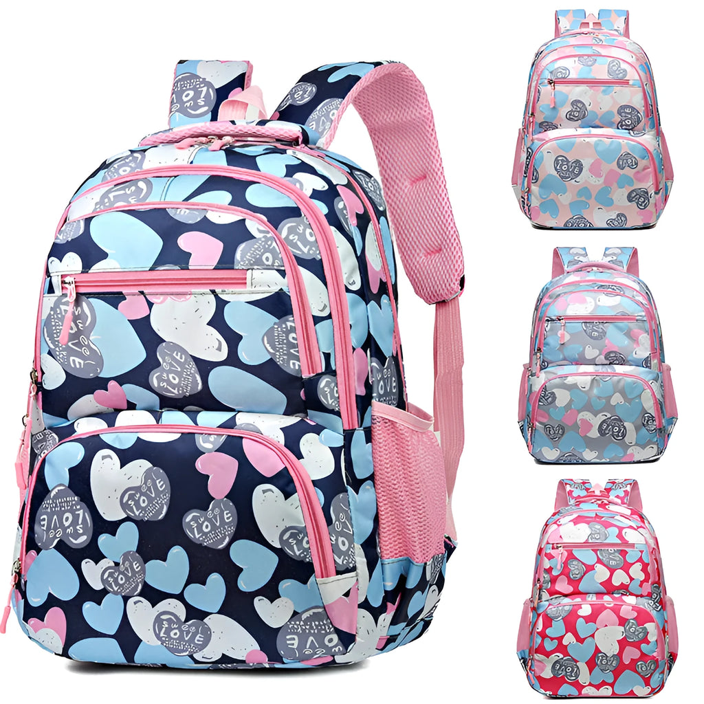 Blue student schoolbag with air pillow belt straps and large main compartment.