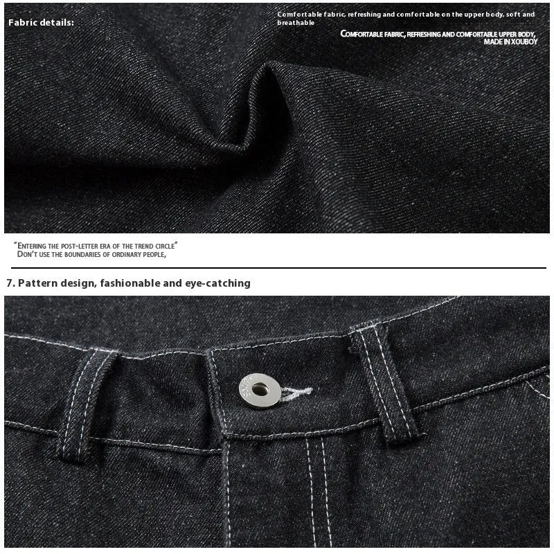 Black pleated workwear jeans with multiple pockets showing mid-waist fit and zip placket opening