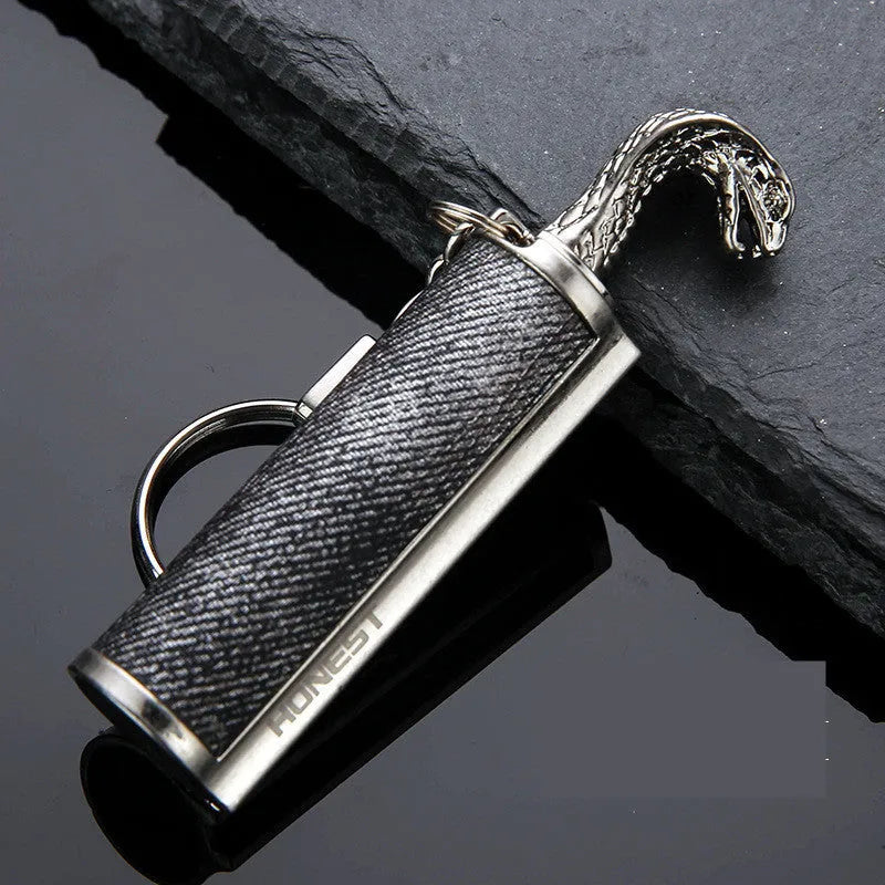 Metal keychain lighter with flint striker and bottle opener in black nickel finish