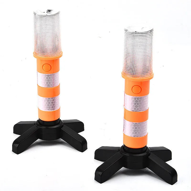 Set of two magnetic base emergency LED flares in plastic suitcase with support stands