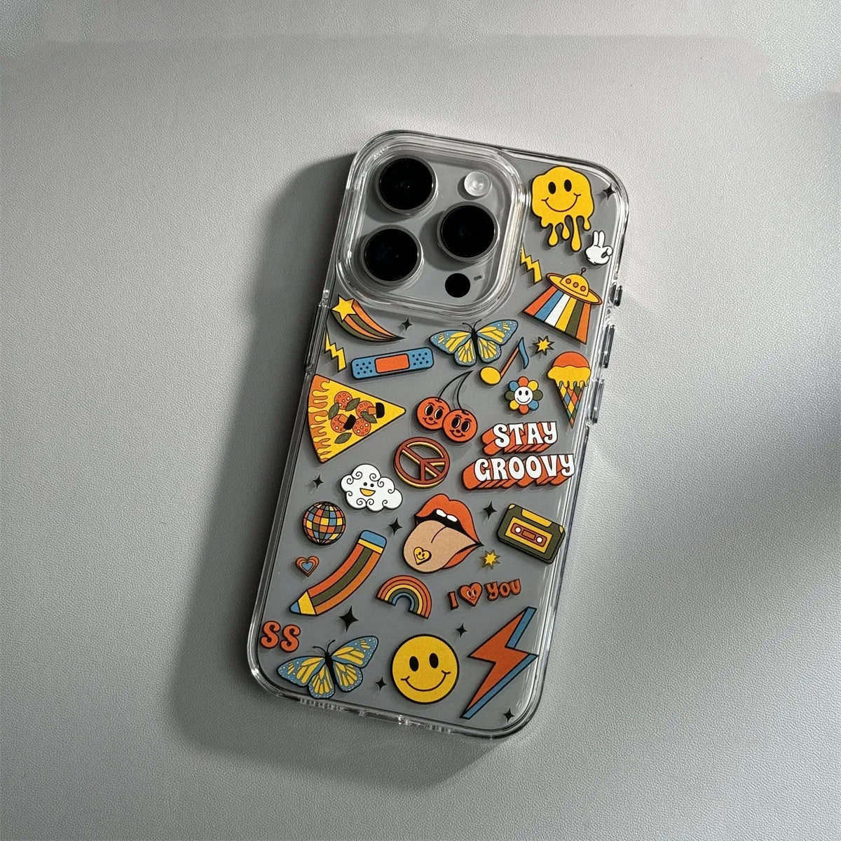 Cartoon transparent soft shell PC phone case for iPhone 15 Pro Max with graffiti print anti-drop protection