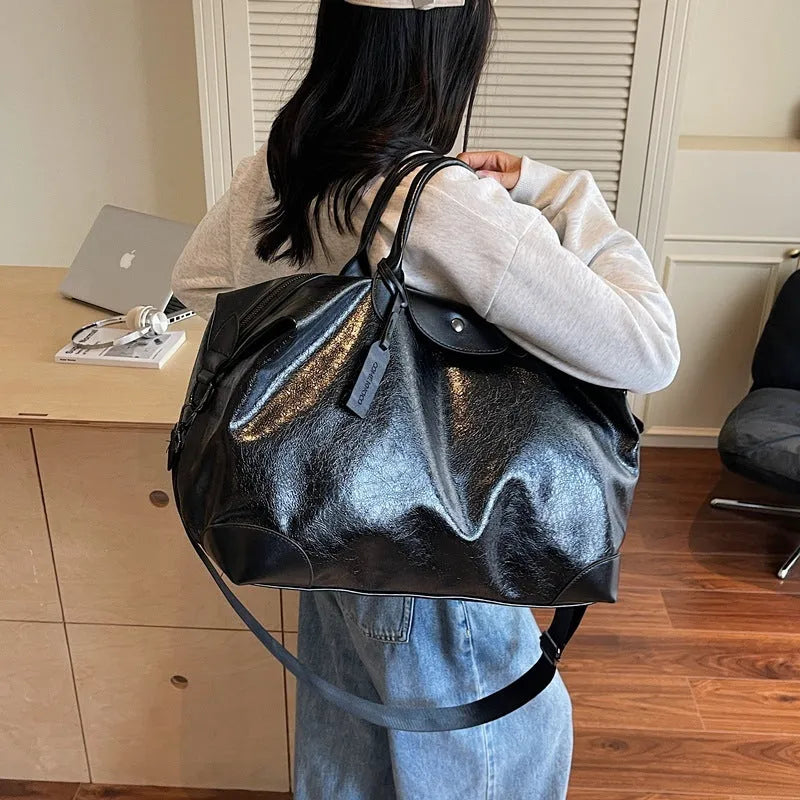Large Capacity Hand-carrying Short Travel Travel Bag For Women PU Material Breathable Ultra-light Wear-resistant Burden-reducing 36-55L Black Silver