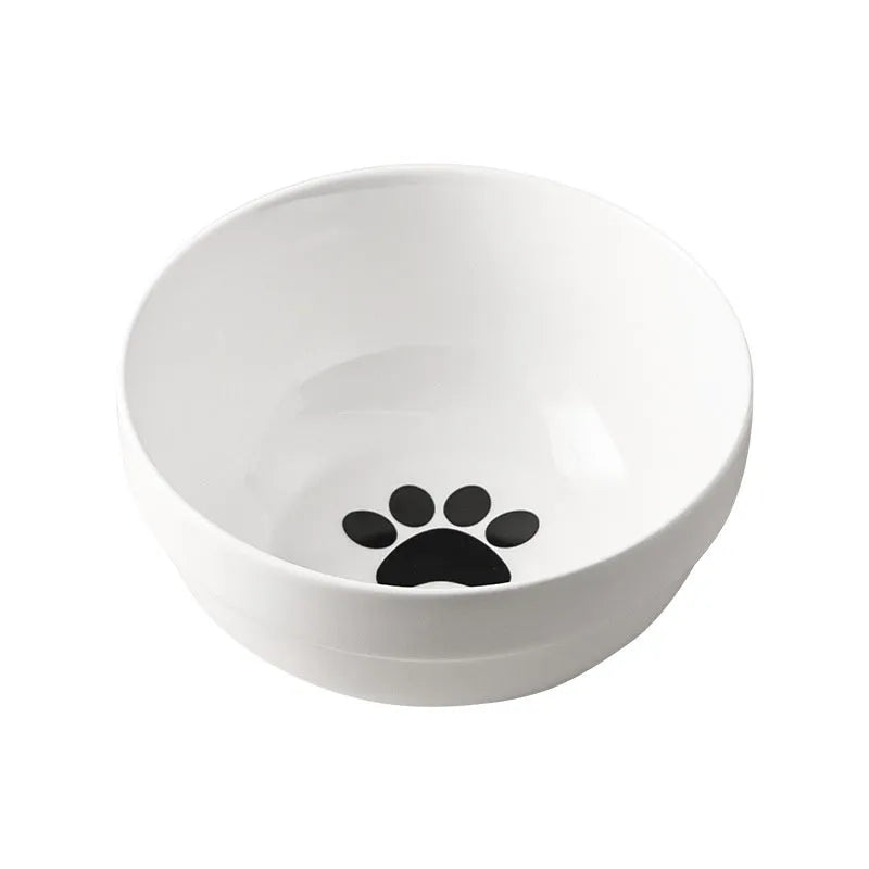 Ceramic cat bowl in an iron frame, showing cat paw print and fishbone pattern options