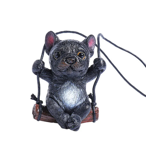Cartoon-style resin bulldog car pendant hanging ornament in black, white, or yellow.