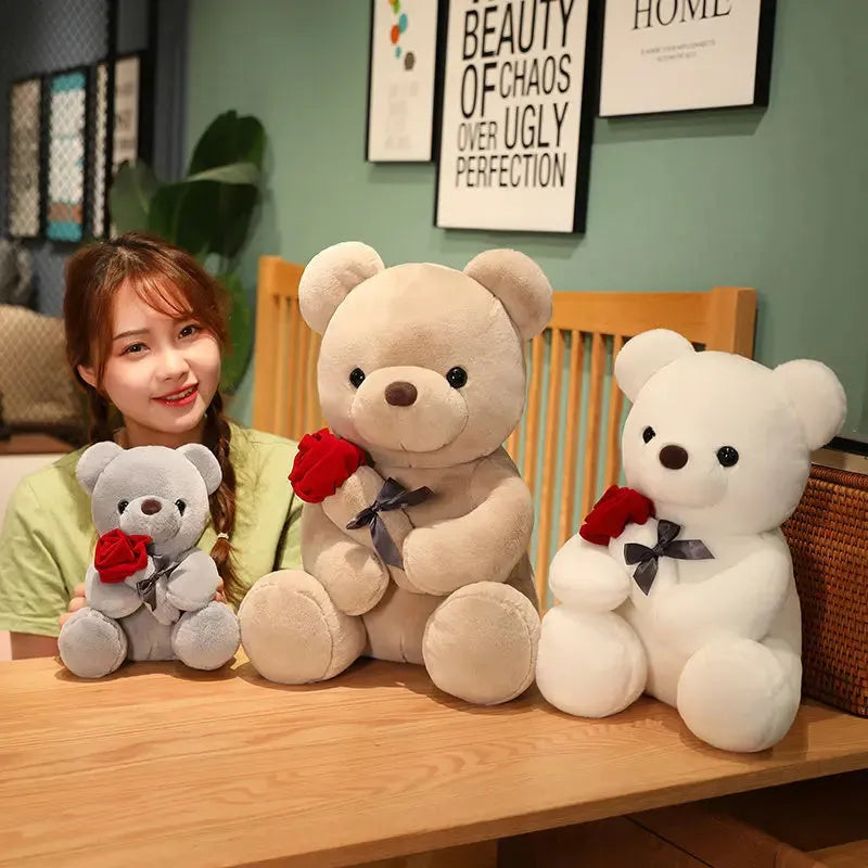 Soft plush teddy bear doll in beige, brown or grey with PP cotton filling, showing 23cm to 45cm size options