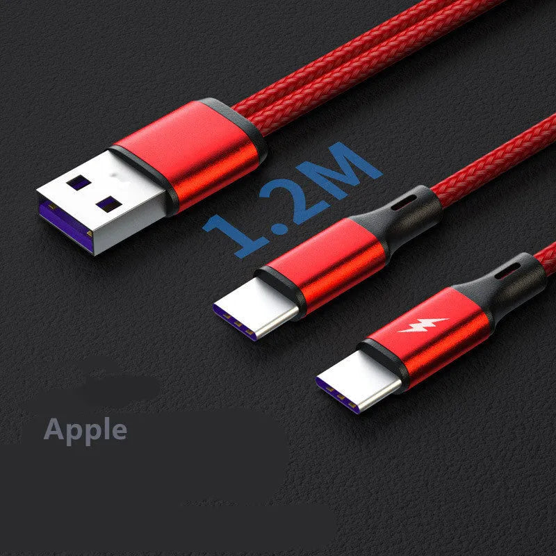 Black and red braided fast charging cable with two Android connectors for simultaneous device charging.