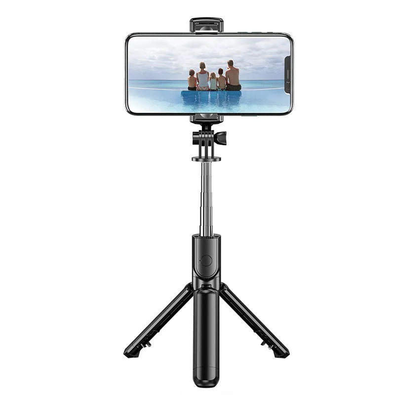 Black plastic wireless Bluetooth selfie stick with fill light and floor tripod universal phone holder