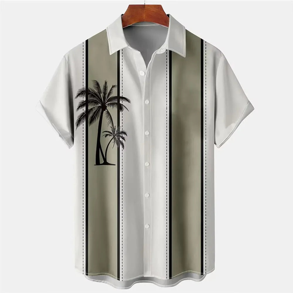 Man wearing a short-sleeved Hawaiian shirt with colourful 3D printed patterns.