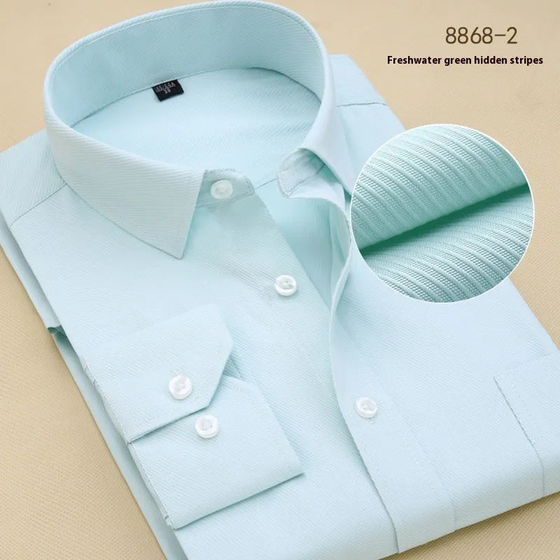 Men's black slim fit long sleeve business shirt made from cotton fabric.