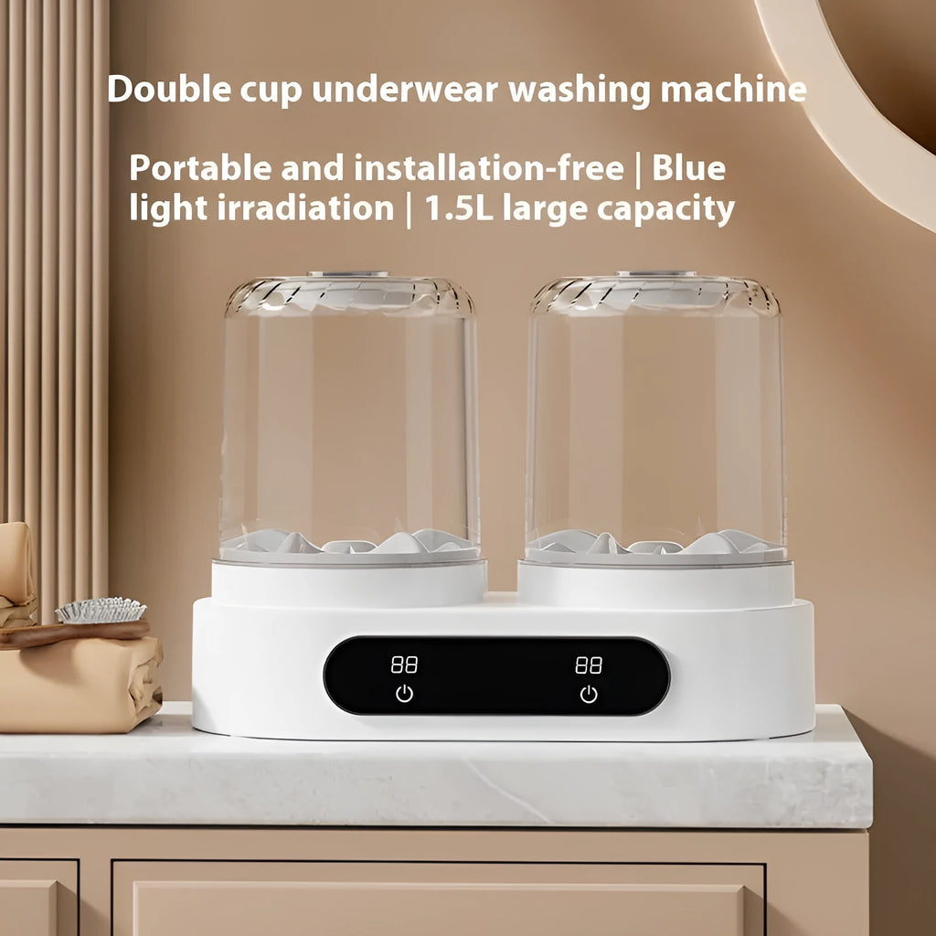White double bucket mini USB washing machine with two lids on a countertop.