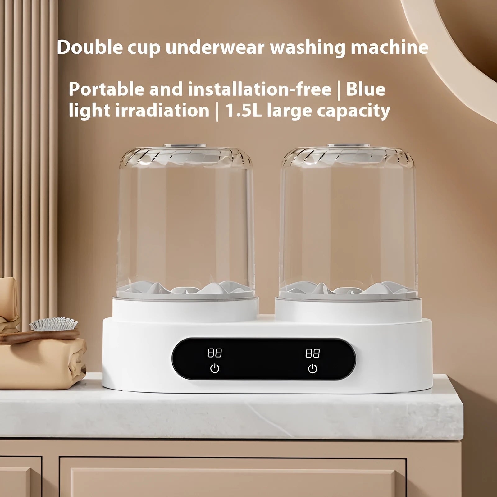 White double bucket mini USB washing machine with two lids on a countertop.