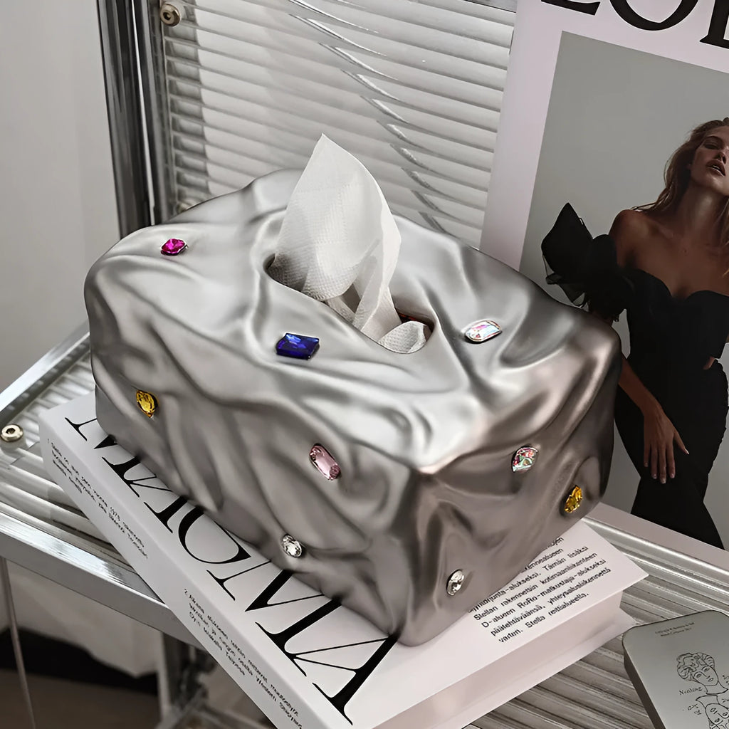 Ceramic tissue box in matte coconut milk white finish on a bathroom counter.