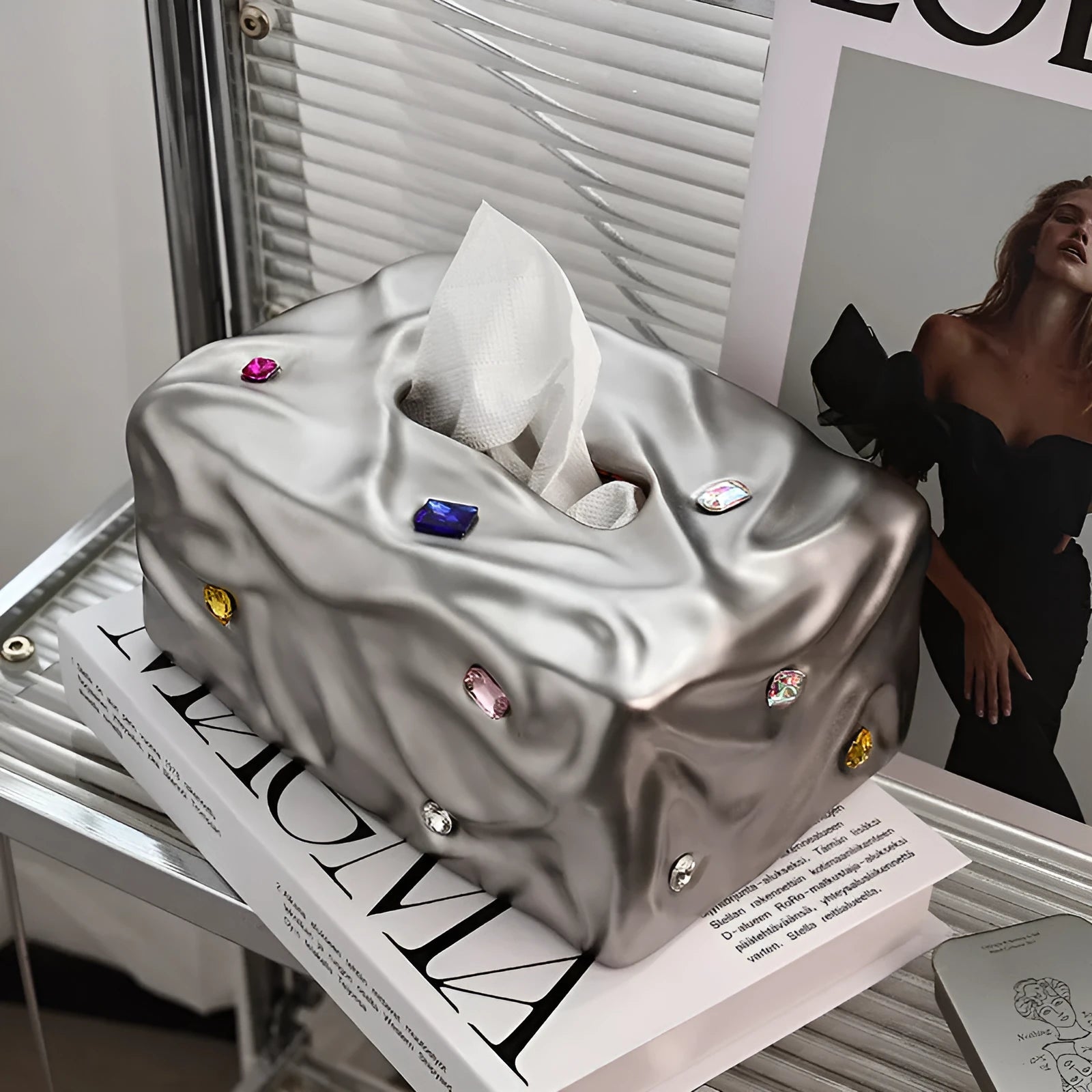 Ceramic tissue box in matte coconut milk white finish on a bathroom counter.