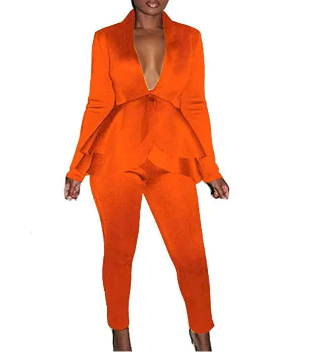 Women's ruffled business uniform set in polyester fabric with shirt and pencil pants