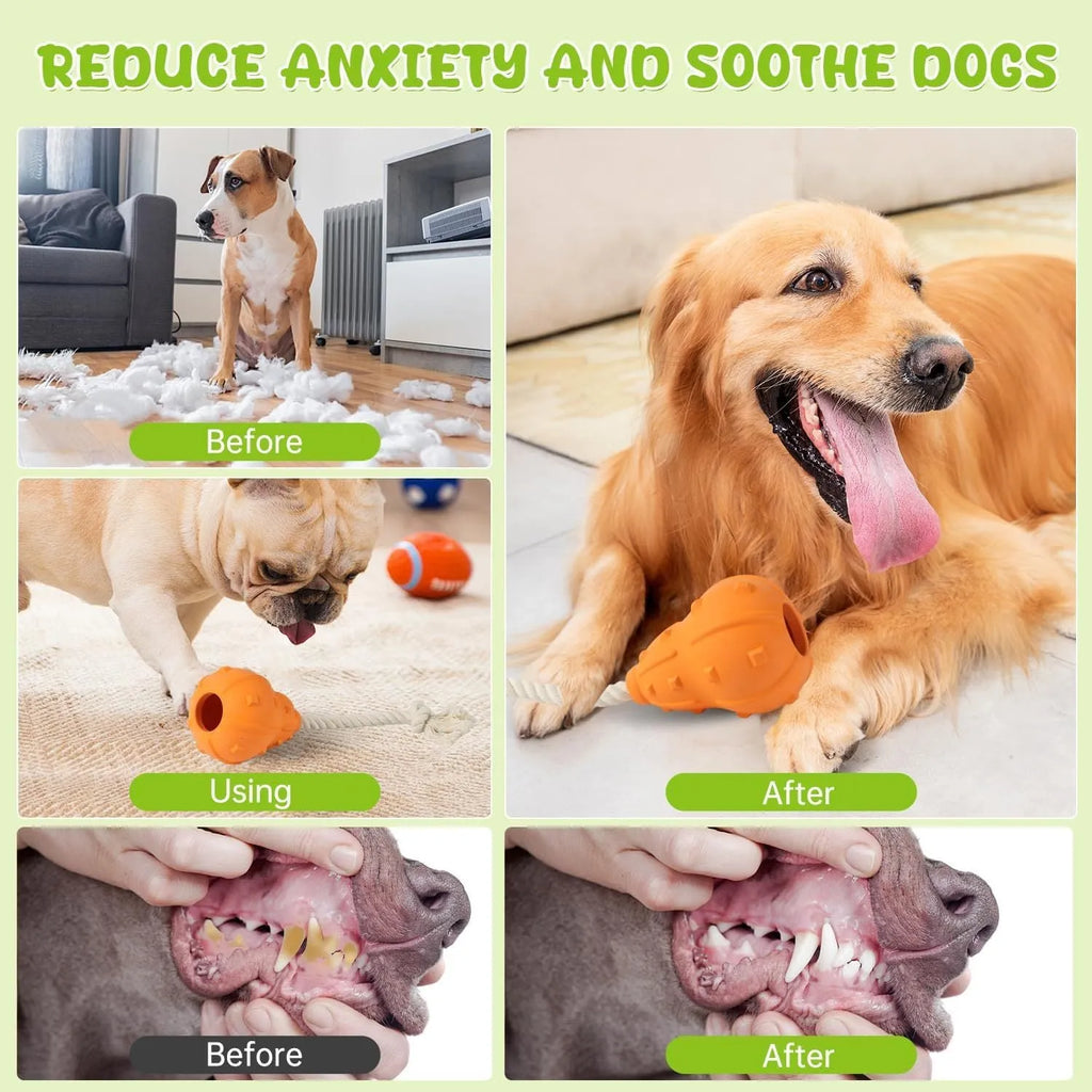Natural rubber stuffable dog toy for small medium breeds with longer strap for fetch and treat dispensing