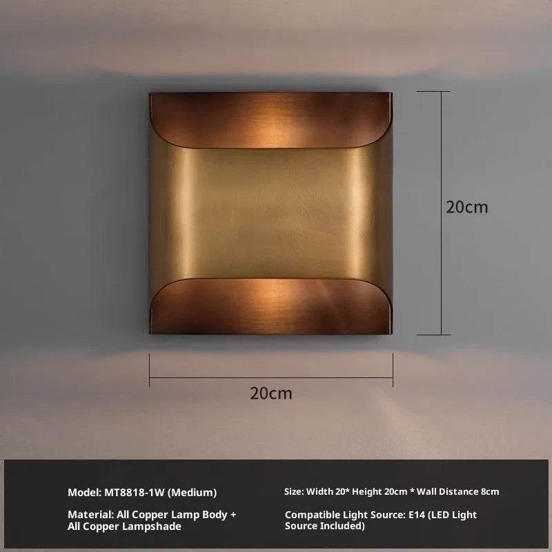 Modern minimalist full copper wall lamp in brushed copper finish, square shape, 20cm x 20cm size