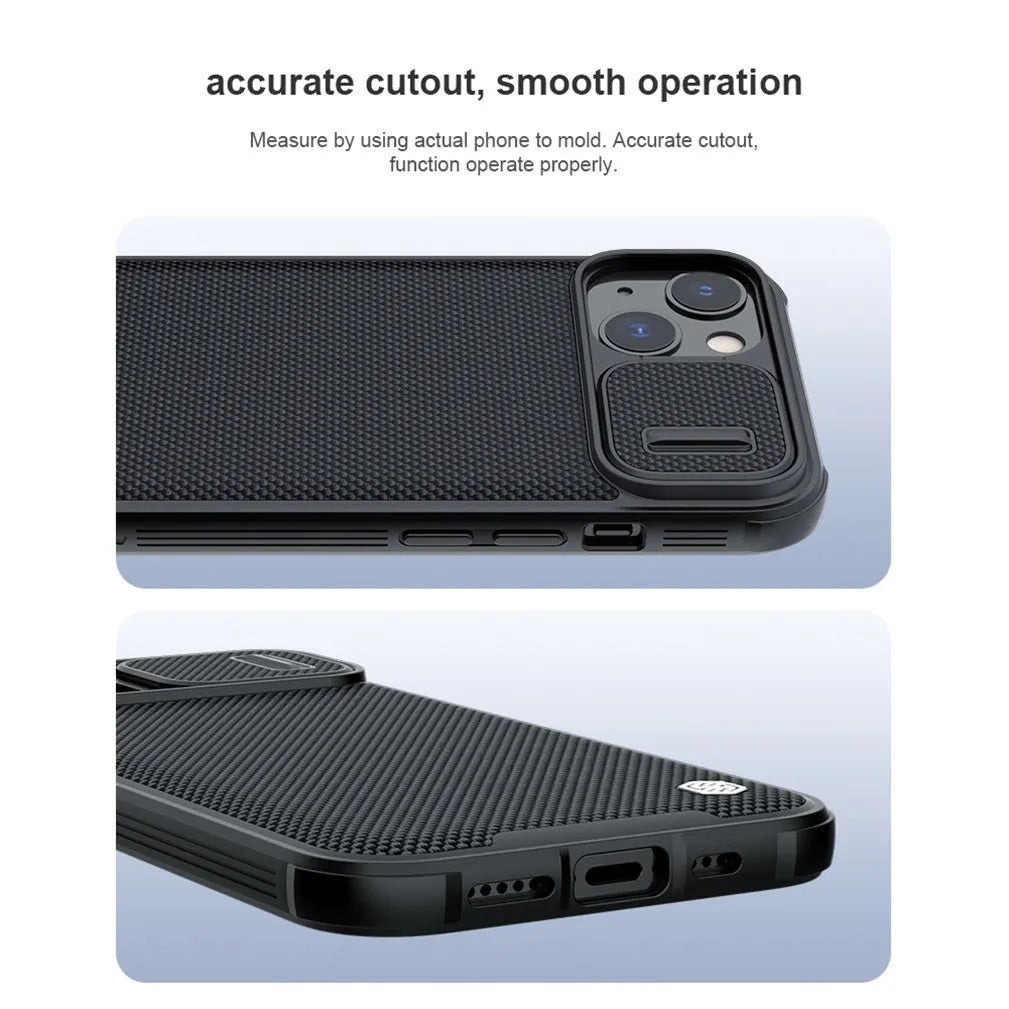 Black textured sliding back cover protective case for iPhone 13 Pro Max, made from PC and TPU.
