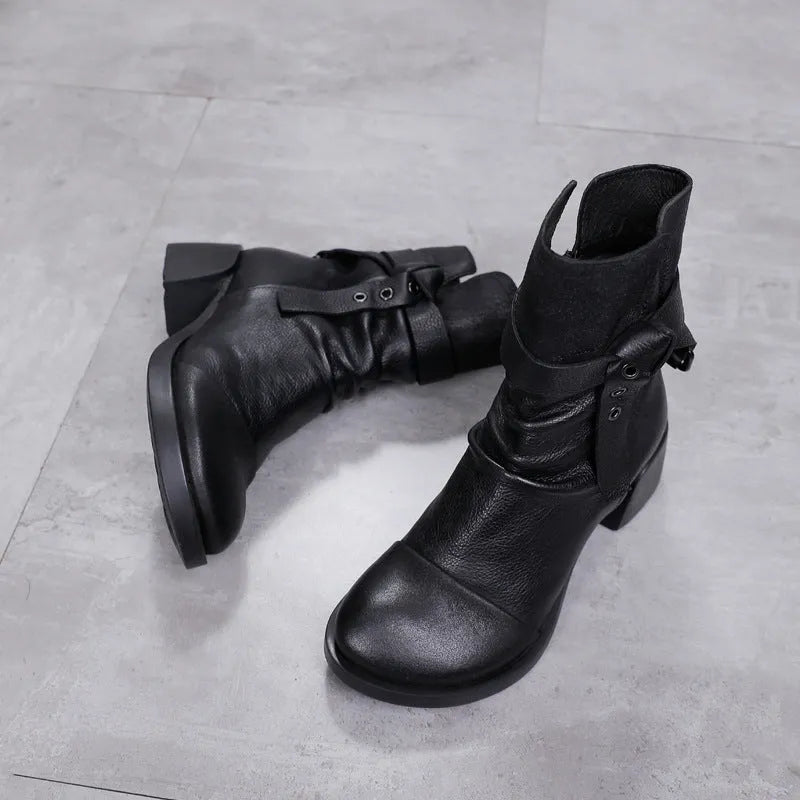 Women's retro chunky heel ankle boots genuine leather round toe solid colour black and brown sizes 35 to 40