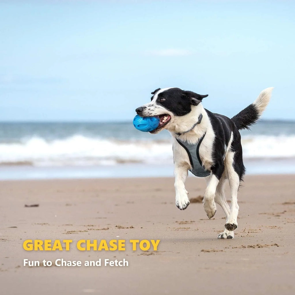 Blue, green, and orange natural rubber squeaky dog chew ball with surface grooves.