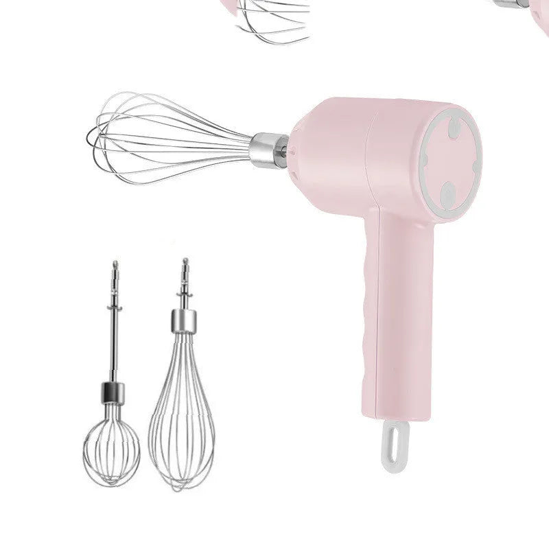 Portable mini wireless electric egg beater with USB charging, 3 speeds, and 2 stainless steel stirrers in green, pink, or white