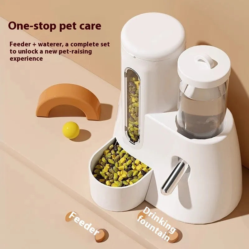 White automatic water feeder and food basin set for hamsters on a blue background.