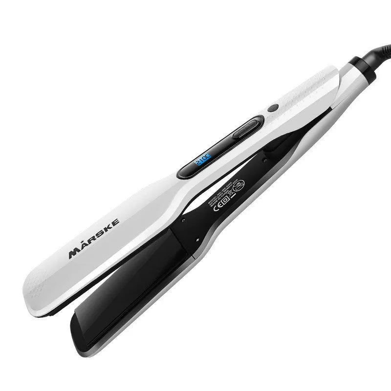 White steam spray hair straightener with 45mm ceramic plate and digital display, EU plug.