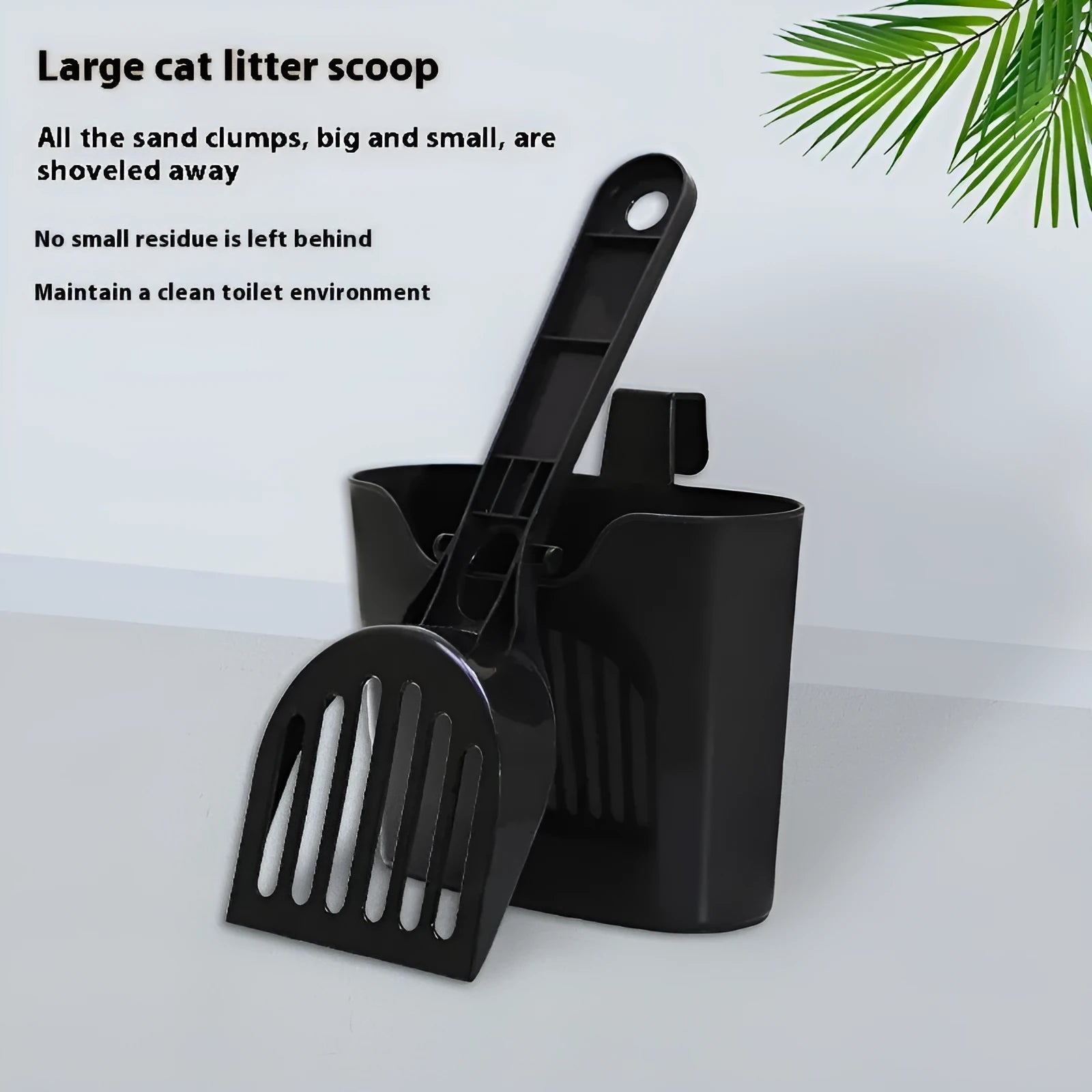 Black mesh cat litter scoop with lengthened handle and storage box, 28x10x3cm, plastic