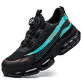 Lightweight black safety work shoes with steel toe cap and lace-up front on industrial background.