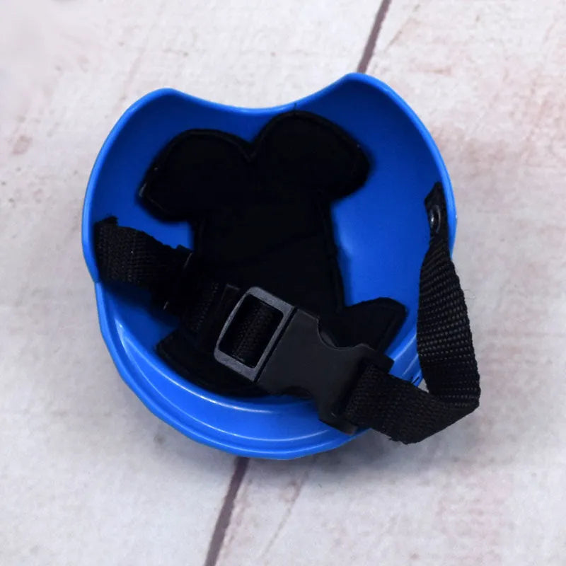 Plastic dog motorcycle cap helmet in a solid colour, shown in small, medium, and large sizes.