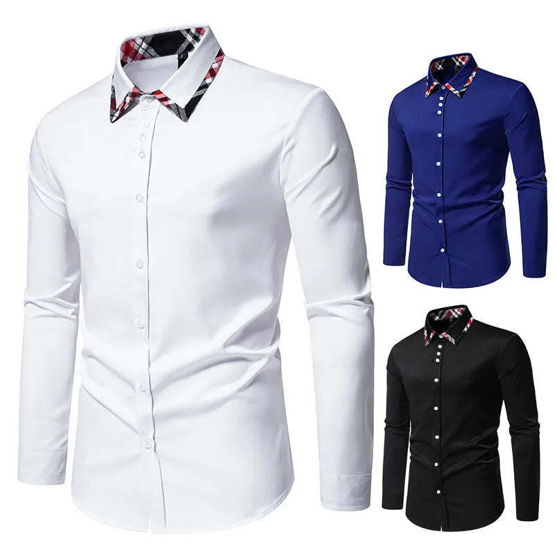 Men's long sleeve plaid shirt with a triangle collar in black, blue, or white.
