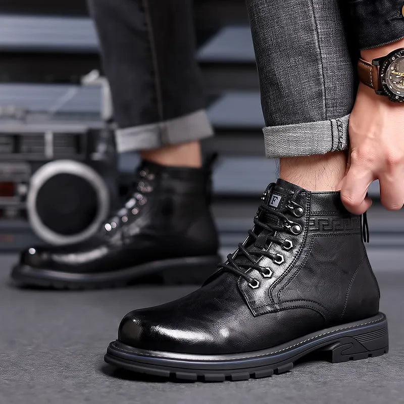 Men's black leather work ankle boots with patent finish and rubber sole for haulage motor environments