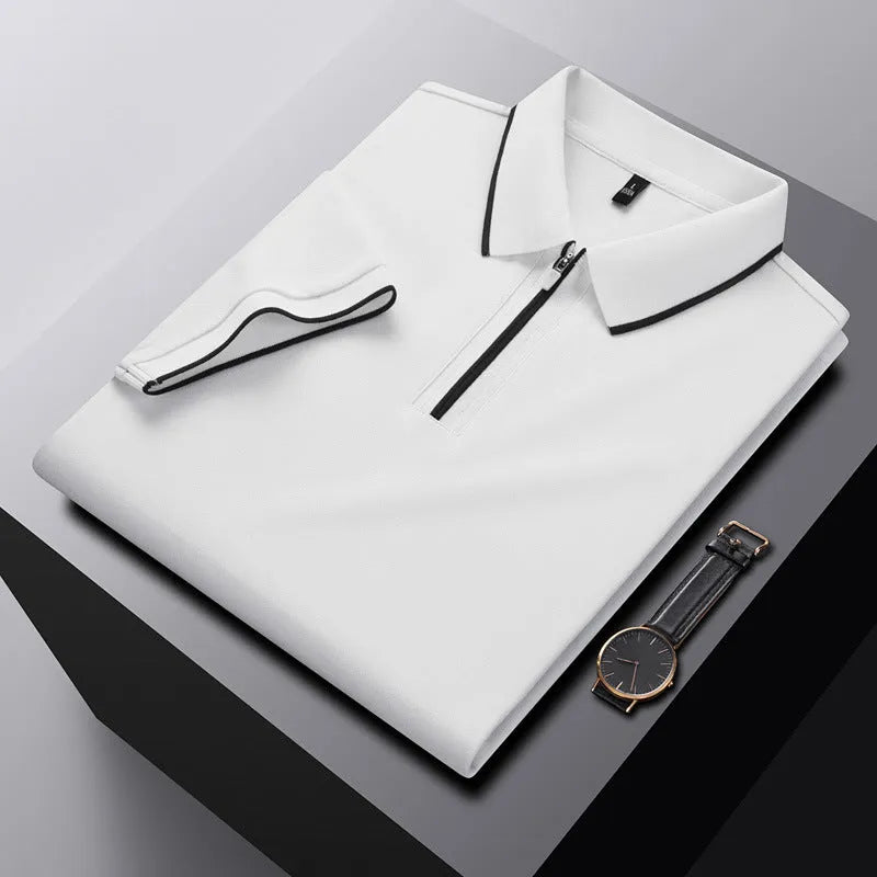 Men's solid colour short sleeve polo shirt with a front zipper, shown in graphite grey.