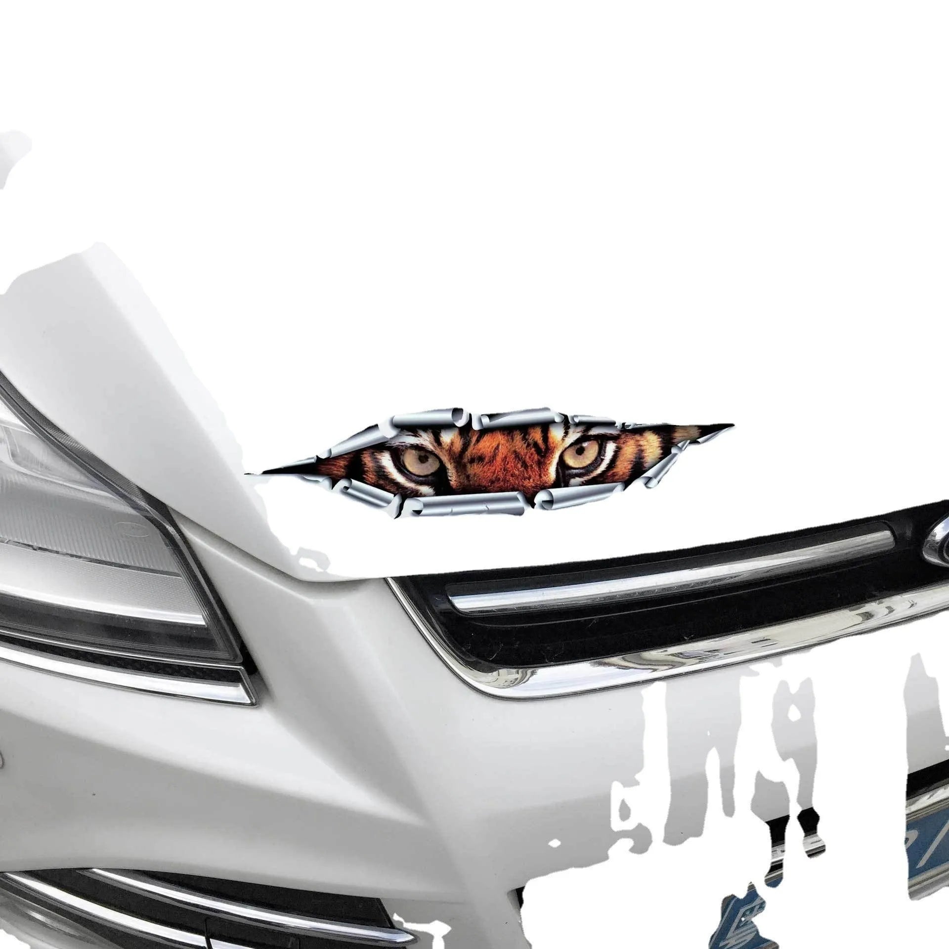 3D Tiger Eye or Eagle Eye pattern car door sticker on a vehicle bumper.