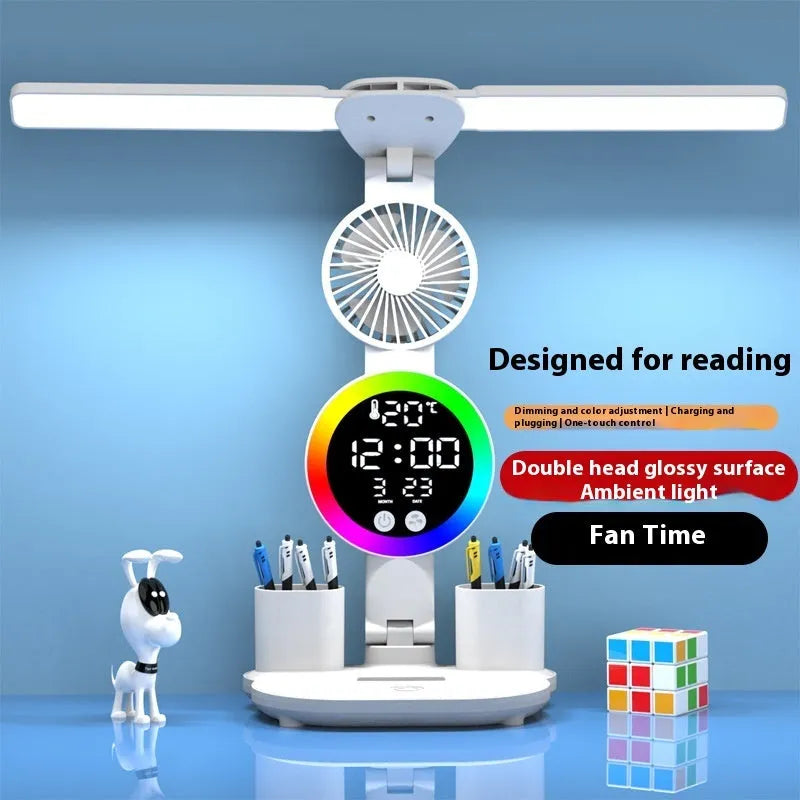 LED student rechargeable desk lamp with clock and fan option, USB powered, modern design