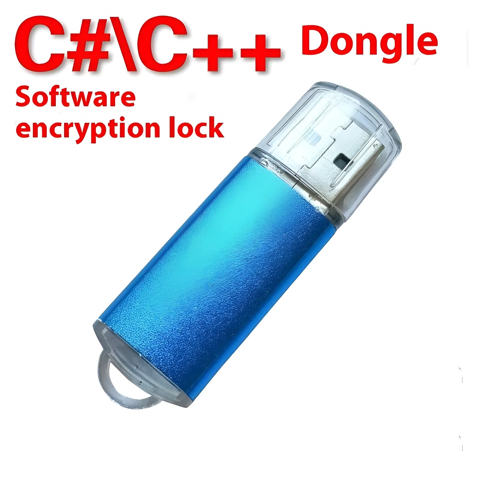 Red software encryption USB dongle with metal shell showing dimensions 50mm × 17.5mm × 7.2mm