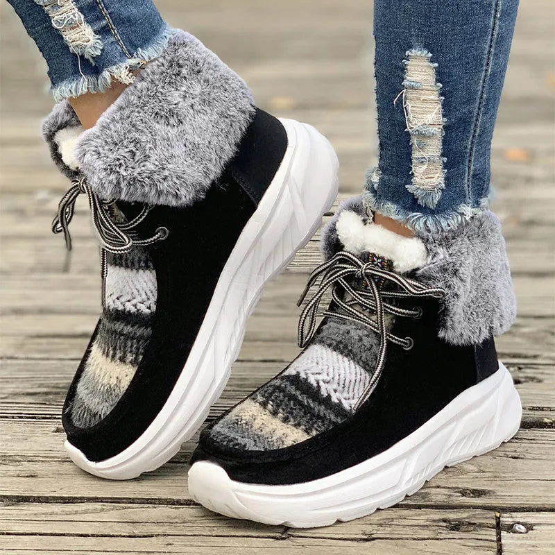 Women's beige lace-up snow boots with platform sole and thermal plush lining