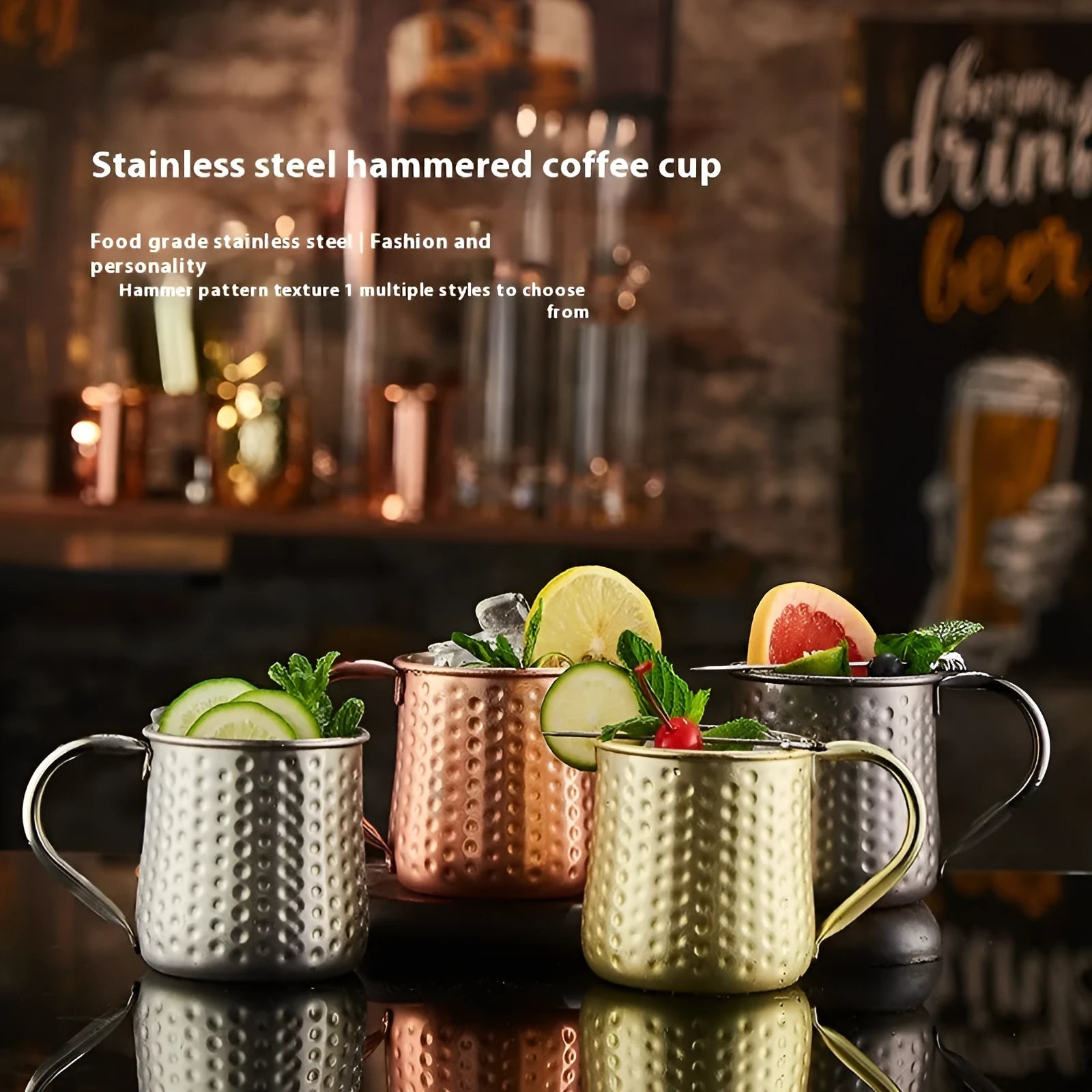 Stainless steel Moscow Mule cup in a choice of silver, gold, rose gold, or black finish with hammered or smooth design.