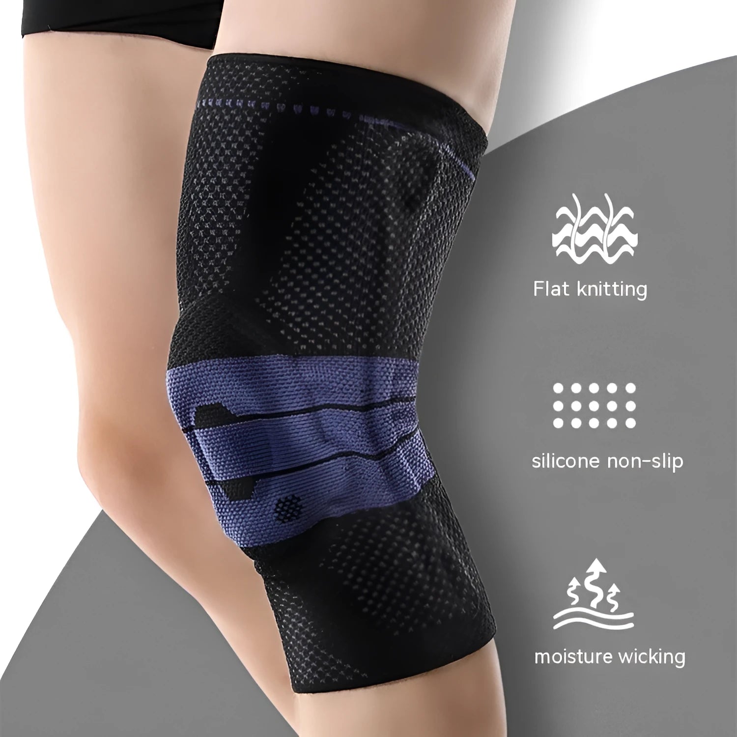 Adult sports knee pads in black and blue, made from nylon and spandex fabric.