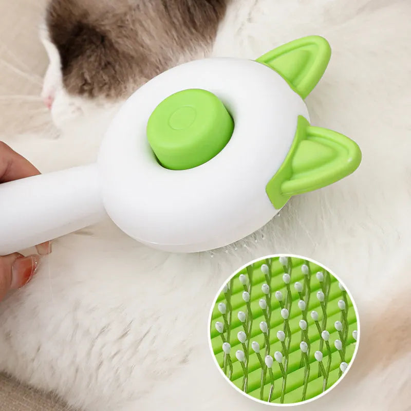 Self-cleaning cat grooming brush with stainless steel tines in greenish white colour