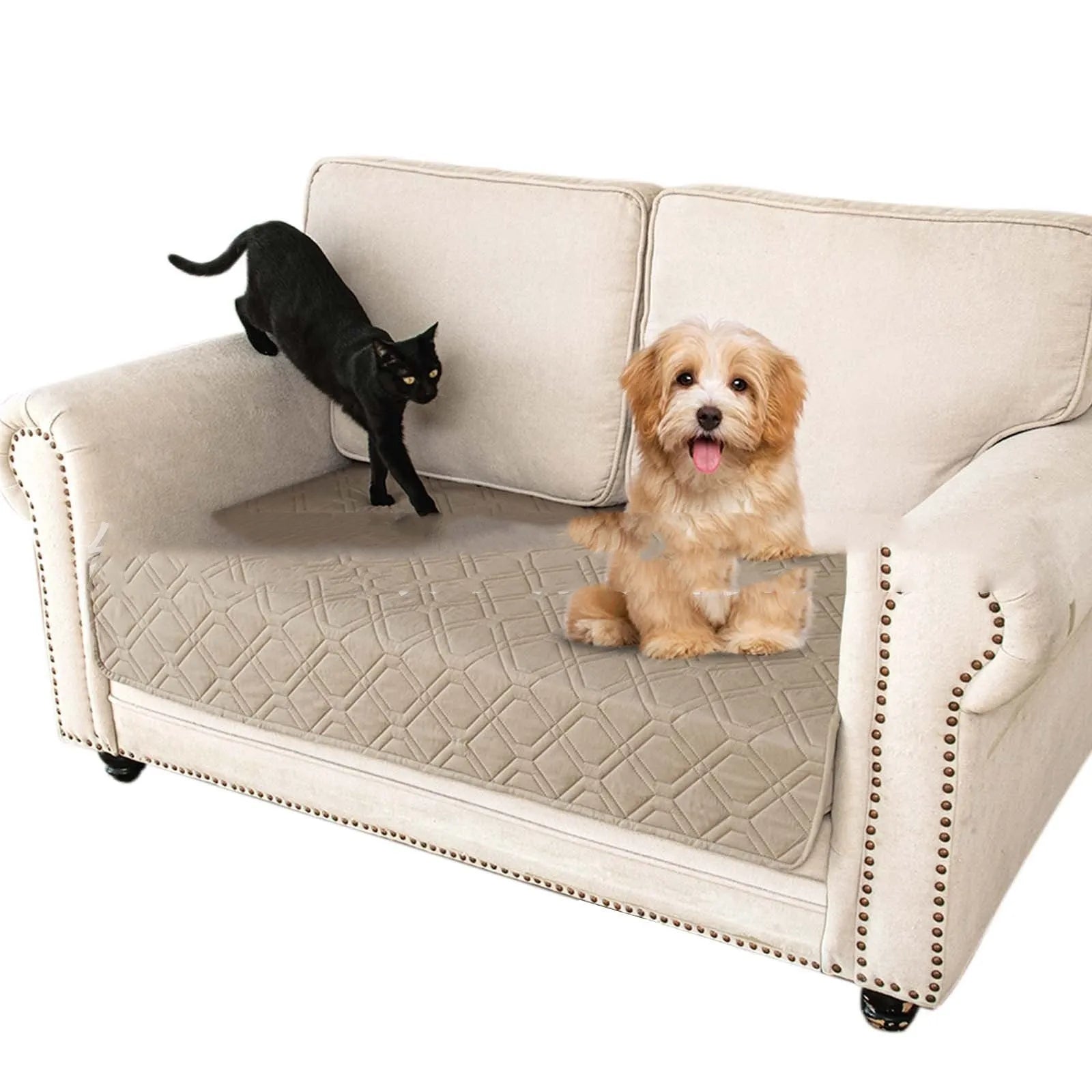 Double-sided waterproof dog sofa cushion with reversible dark gray and khaki colour options