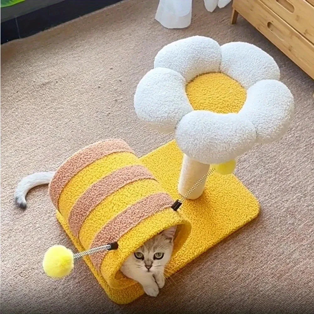 Yellow bee-themed cat climbing frame with sisal scratching board, tunnel, and multiple platforms