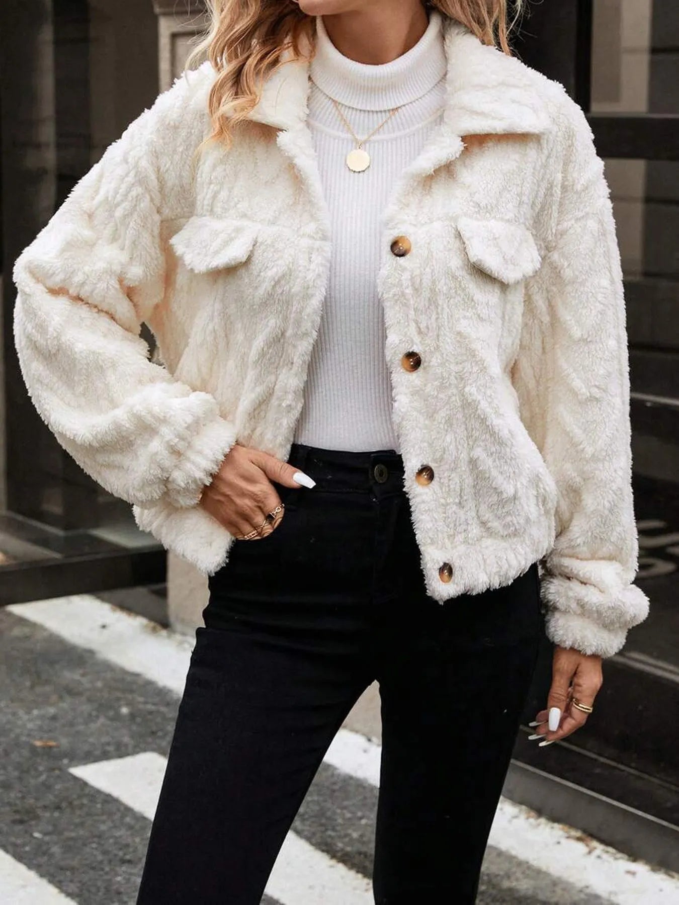Women's ivory white double-sided plush button cardigan top coat with long sleeves