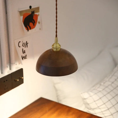 Black walnut and copper single-head droplight chandelier pendant light fixture.