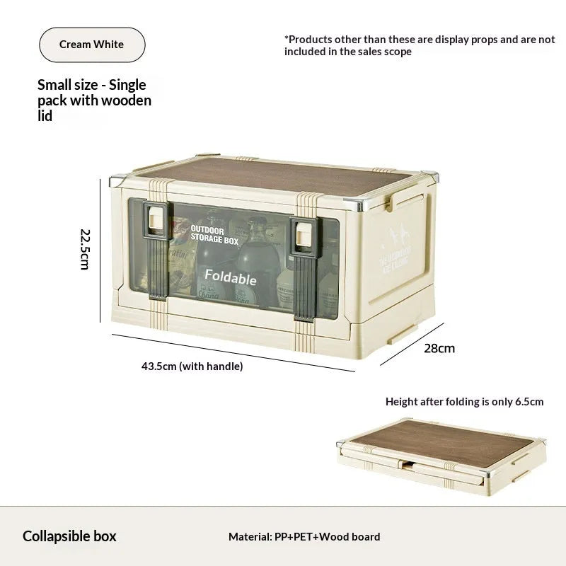 Outdoor camping folding plastic storage box with wooden lid in cream white for car trunk organisation