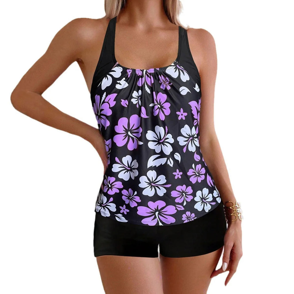 Lady sexy slim-fit printed boxers suit bikini set in blue flower pattern, polyester spandex, S-XXL