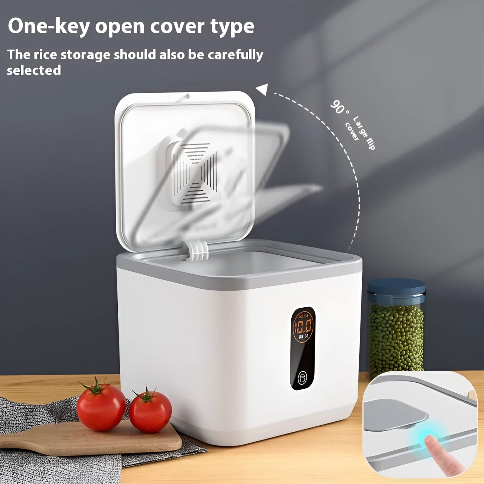 Grey plastic sealed rice storage jar with a measuring cup, shown in different capacity sizes.
