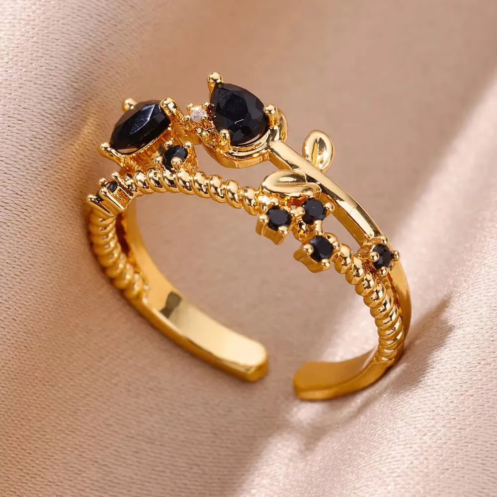 Adjustable 18K gold plated love emerald ring with synthetic zircon for women, open mouth copper design
