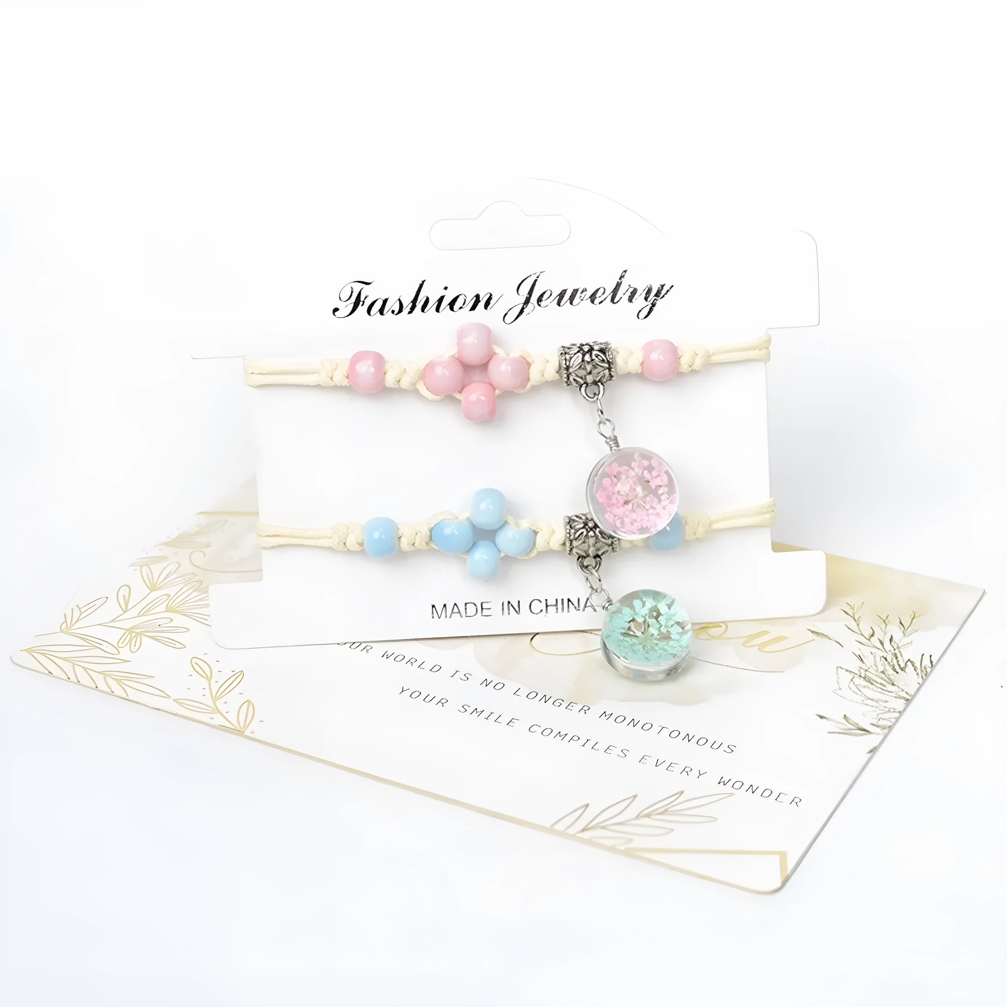 Hand-woven glass bracelet with large beads containing real dried flowers, shown in multiple colour options.