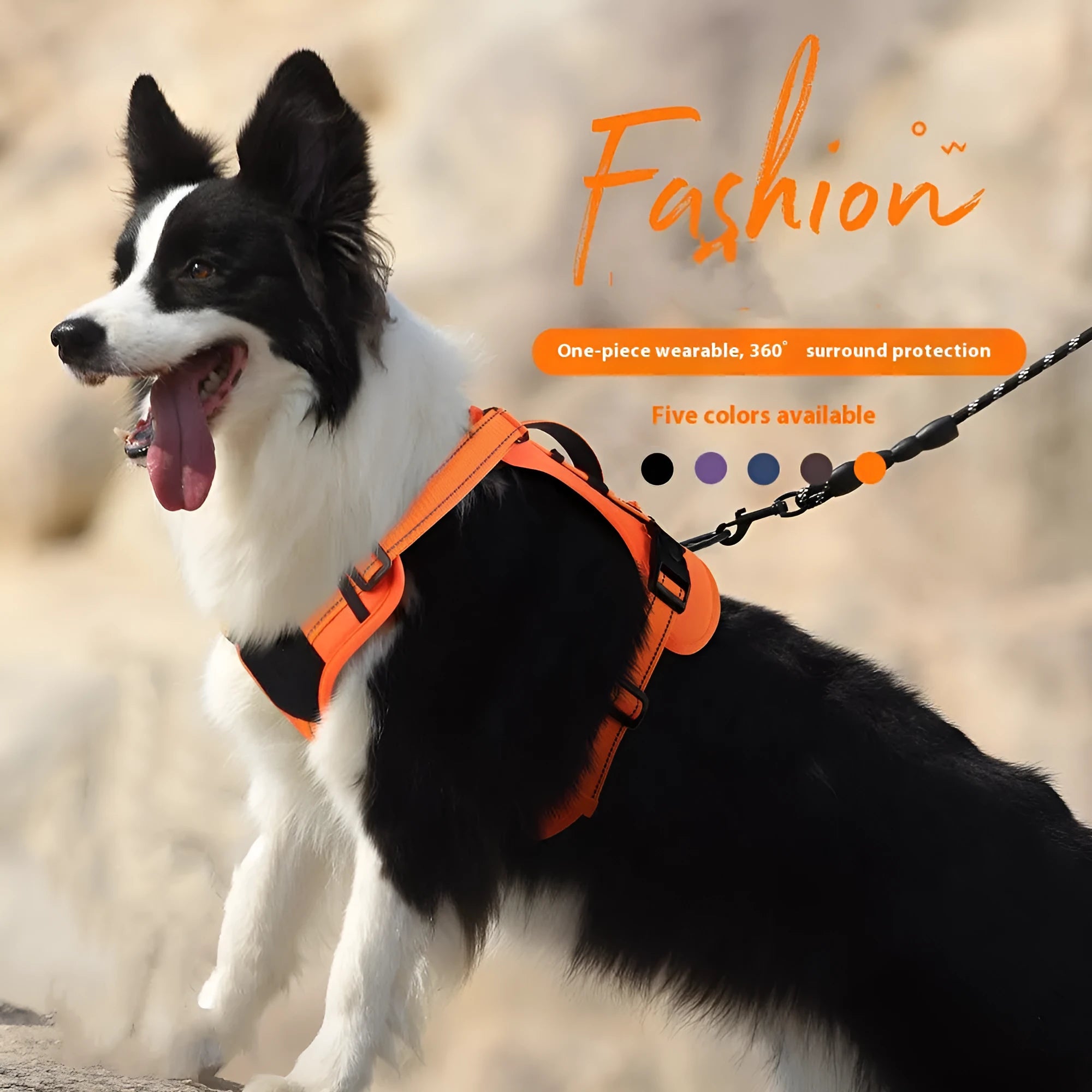 Orange reflective dog harness with explosion-proof design and a black hand-holding rope attached.