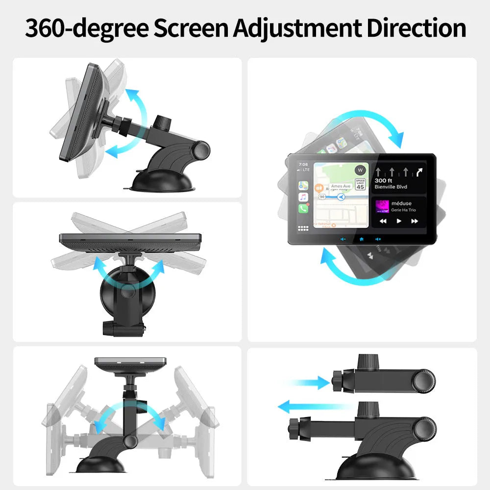 7-inch universal wireless CarPlay display for cars with suction cup mount and cigarette lighter cable.